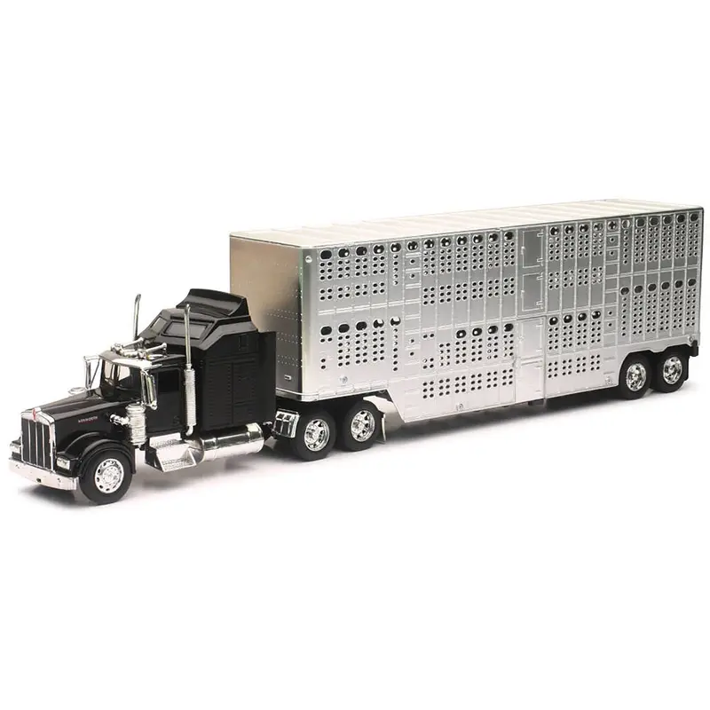 Kenworth W900 Truck Black With Pot Belly Livestock Chrome "Long Haul Truckers" Series 1/32 Diecast Model By New Ray 1