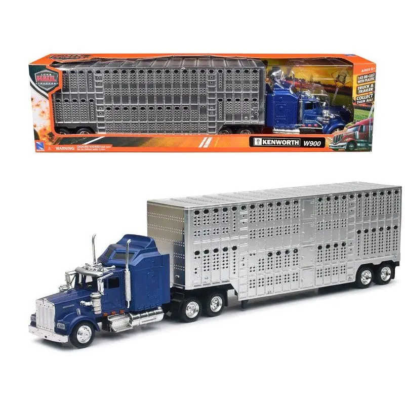 Kenworth W900 Truck Blue With Potbelly Livestock Trailer Chrome "Long Haul Truckers" Series 1/43 Diecast Model By New Ray 1