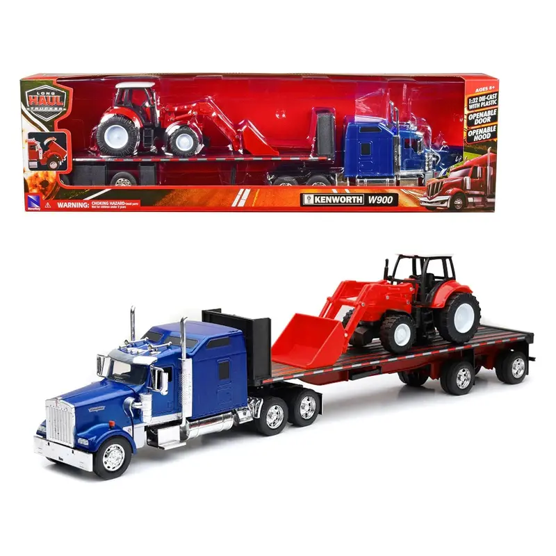 Kenworth W900 Truck With Flatbed Trailer Blue Metallic With Farm Tractor Red "Long Haul Truckers" Series 1/32 Diecast Model By New Ray 1