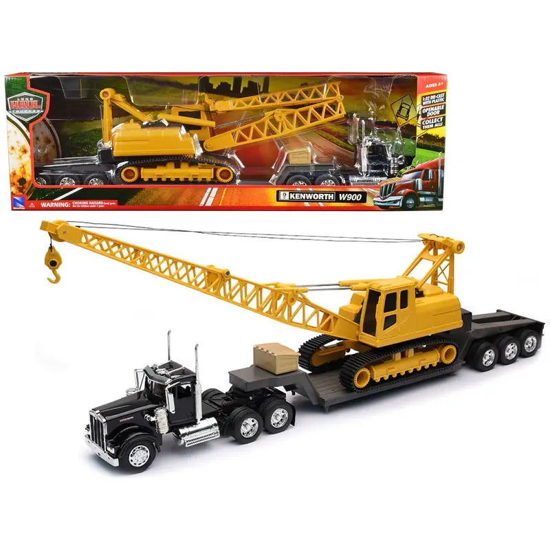 Kenworth W900 Truck With Lowboy Trailer Black And Crane Yellow "Long Haul Trucker" Series 1/32 Diecast Model By New Ray 1