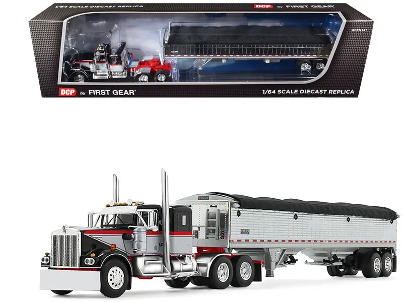 Kenworth W900a With 36" Sleeper And 43' Wilson Pacesetter Grain Trailer Black And Gray With Viper Red Stripes 1/64 Diecast Model By Dcp/First Gear 1