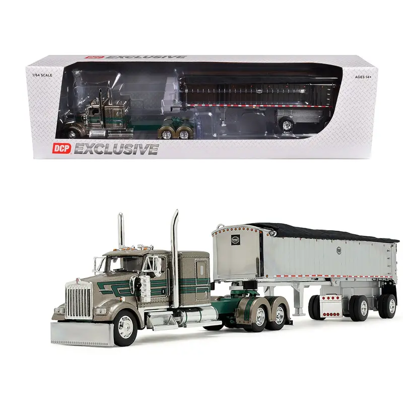 Kenworth W900l With 60" Flat Top Sleeper And Mac Coal End Dump Trailer "D&D Hauling & Excavating" Tan Metallic With Green Stripes 1/64 Diecast Model By Dcp/First Gear 1