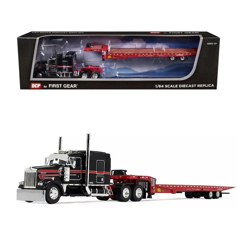 Kenworth W900l With 72" Aerocab Sleeper And Landoll 440B50ca Traveling Axle Trailer Black And Red 1/64 Diecast Model By Dcp/First Gear 1