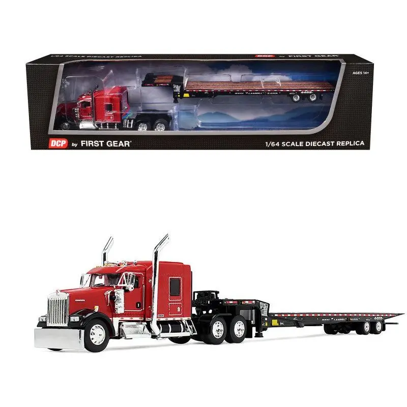 Kenworth W900l With 72" Aerocab Sleeper And Landoll 440B50ca Traveling Axle Trailer Viper Red And Black 1/64 Diecast Model By Dcp/First Gear 1