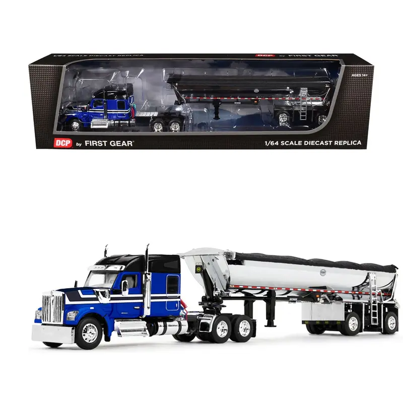 Kenworth W990 76" Mid-Roof Sleeper And Mac Half Round End Dump Trailer Blue And Black 1/64 Diecast Model By Dcp/First Gear 1