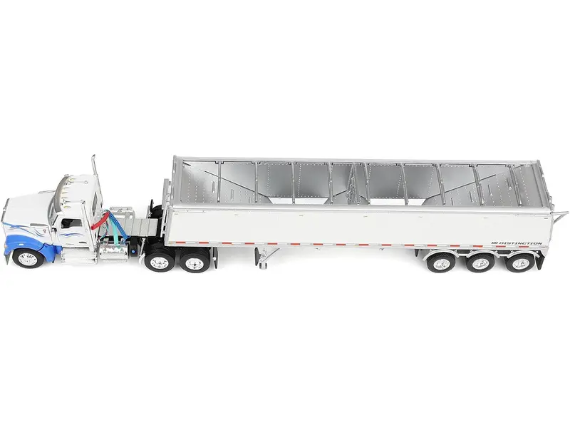 Kenworth W990 Day Cab And Lode King Distinction Hopper Trailer White And Blue 1/64 Diecast Model By Dcp/First Gear 1