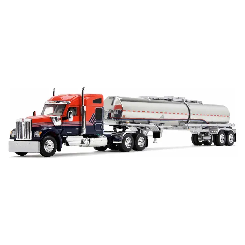 Kenworth W990 With 76" Mid-Roof Sleeper And Brenner Chemical Grade Tandem Axle Tanker Trailer Red And Navy Blue 1/64 Diecast Model By Dcp/First Gear 1