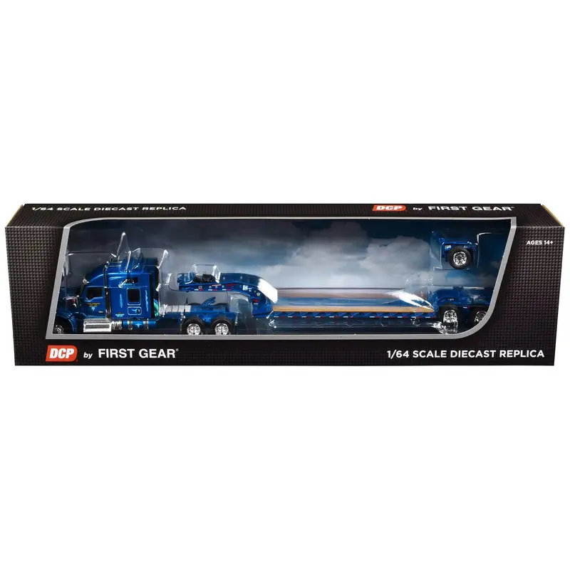 Kenworth W990 With 76" Mid-Roof Sleeper And Fontaine Magnitude Lowboy Tri-Axle Trailer With Flip Axle Blue "Western Distributing" 1/64 Diecast Model By Dcp/First Gear 1