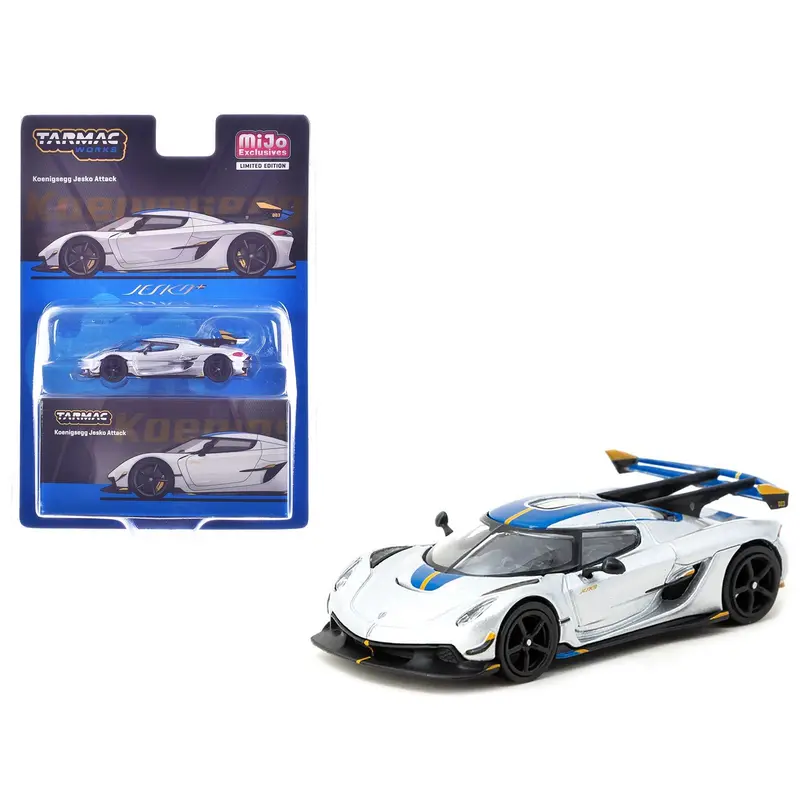 Koenigsegg Jesko Attack Silver Metallic With Blue Stripes "Global64" Series 1/64 Diecast Model By Tarmac Works 1
