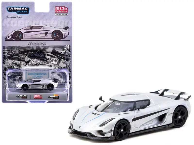 Koenigsegg Regera Silver Metallic With Blue Accents And Collectible Tarmac Cards "Global64" Series 1/64 Diecast Model Car By Tarmac Works 1