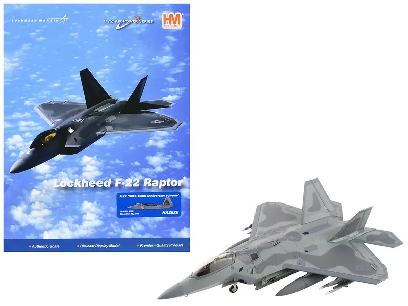 Lockheed F-22 Raptor Stealth Aircraft "09-4190 90Th Fighter Squadron 100Th Anniversary Elmendorf Air Base" (2017) United States Air Force "Air Power Series" 1/72 Diecast Model By Hobby Master 1