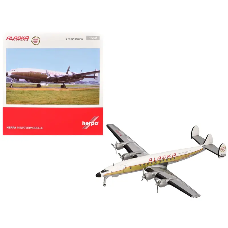Lockheed L-1649A Starliner Commercial Aircraft "Alaska Airlines - Golden Nugget Service" (N7316c) White And Gold With Red Stripes 1/200 Diecast Model Airplane By Herpa 1