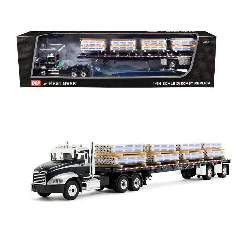 Mack Pinnacle Day Cab With Minimizer Parts & 53' Wilson Roadbrute Flatbed Trailer With "Carlisle Roofing" Loaded Pallets Black With Silver Top And Stripes 1/64 Diecast Model By Dcp/First Gear 1
