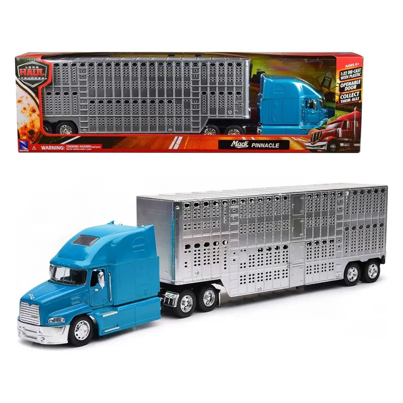 Mack Pinnacle Truck With Pot Belly Livestock Trailer Blue And Chrome "Long Haul Truckers" Series 1/32 Diecast Model By New Ray 1