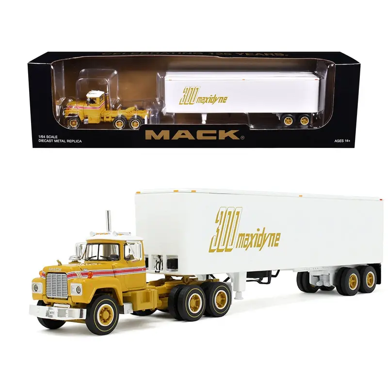 Mack R-Model Day Cab And 40' Vintage Trailer Yellow With Red Stripes And White Top "Mack Anniversary" 1/64 Diecast Model By Dcp/First Gear 1