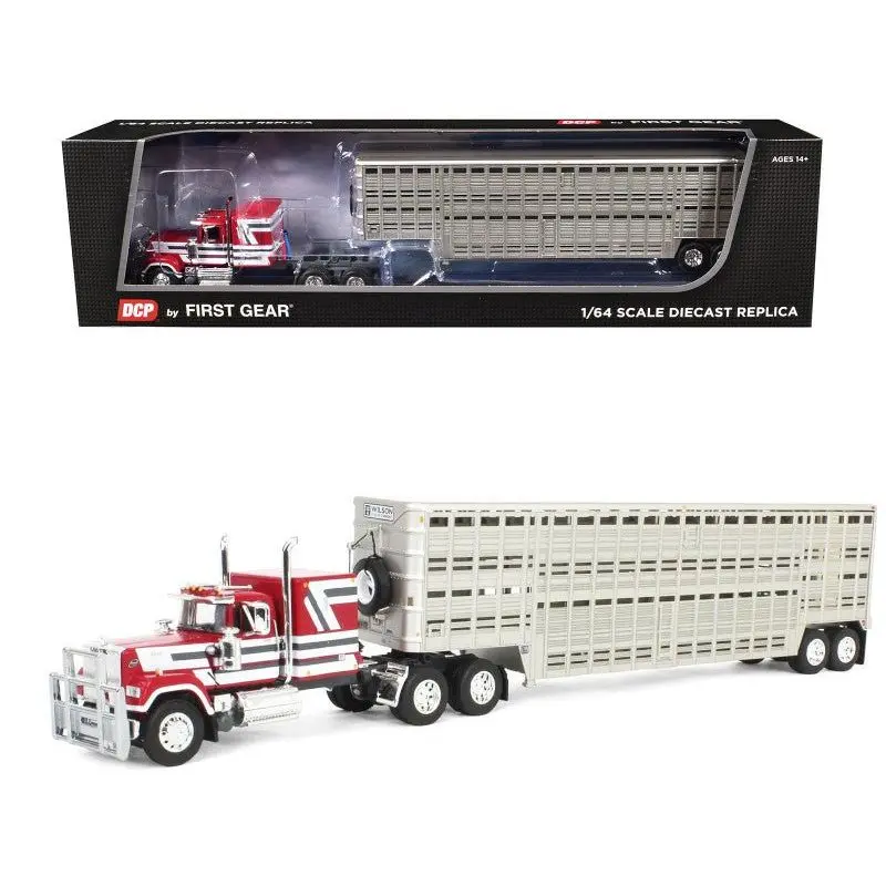 Mack Super-Liner With 60" Flat Top Sleeper And 45' Wilson Vintage Livestock Trailer Red With White And Gray Stripes 1/64 Diecast Model By Dcp/First Gear 1