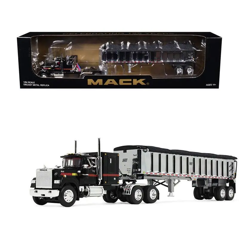 Mack Super-Liner With 60" Flat Top Sleeper And East End Dump Trailer Black 1/64 Diecast Model By Dcp/First Gear 1