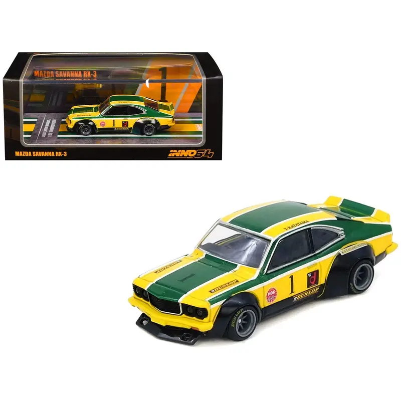 Mazda Rx-3 Savanna Rhd (Right Hand Drive) #1 "Katayama Racing Livery" Green And Yellow Striped 1/64 Diecast Model Car By Inno Models 1