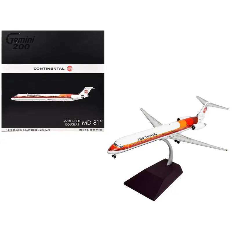 Mcdonnell Douglas Md-81 Commercial Aircraft "Continental Airlines" (N859ha) White With Red And Orange Stripes "Gemini 200" Series 1/200 Diecast Model Airplane By Geminijets 1