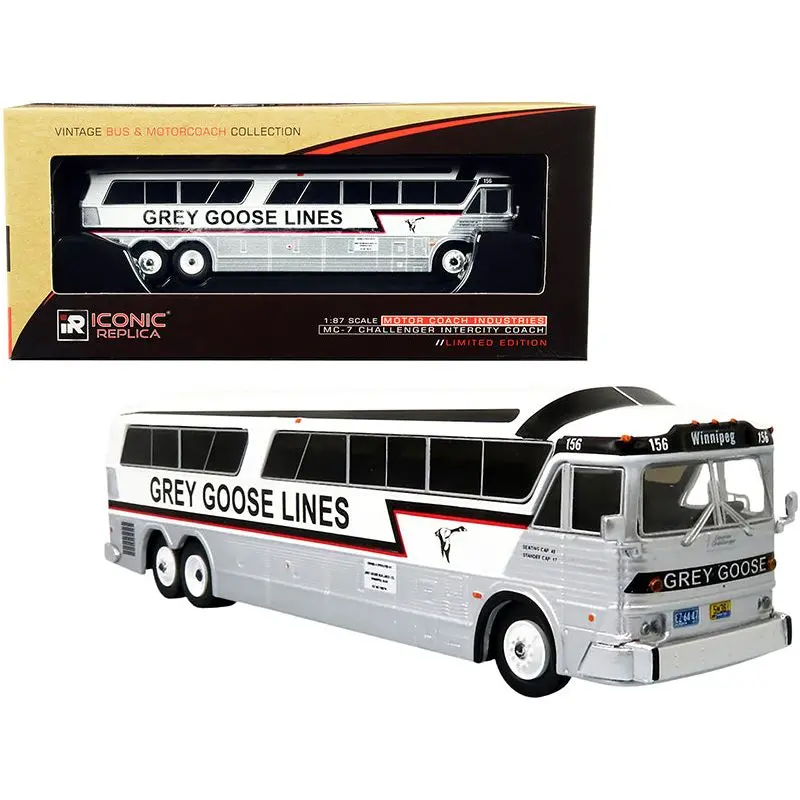 Mci Mc-7 Challenger Intercity Coach "Grey Goose Lines" Winnipeg (Canada) White And Silver With Stripes "Vintage Bus & Motorcoach Collection" 1/87 (Ho) Diecast Model By Iconic Replicas 1