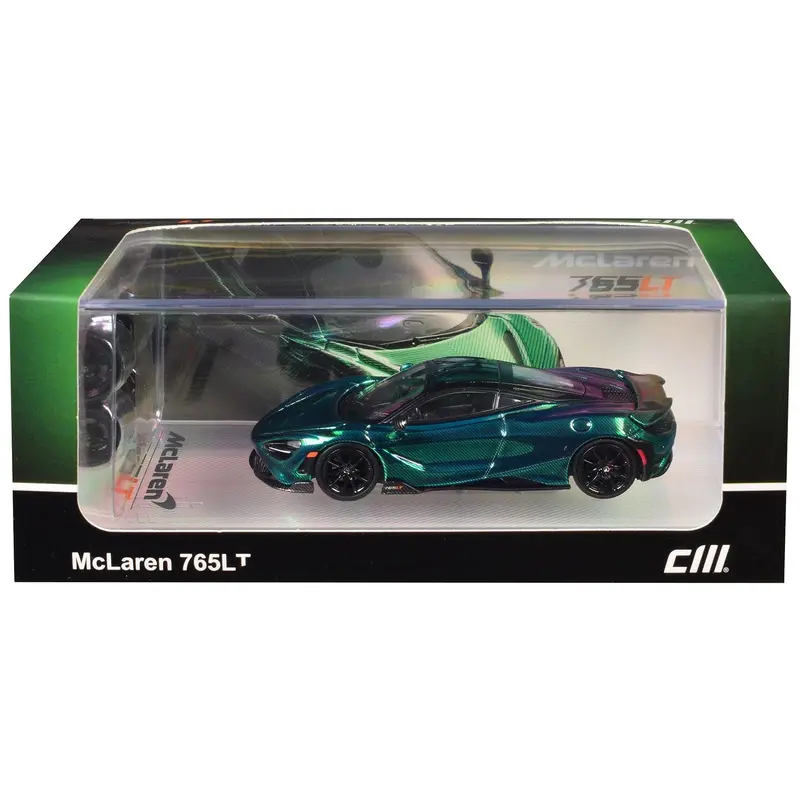 Mclaren 765Lt Green Carbon Metallic With Black Top And Extra Wheels 1/64 Diecast Model Car By Cm Model 1