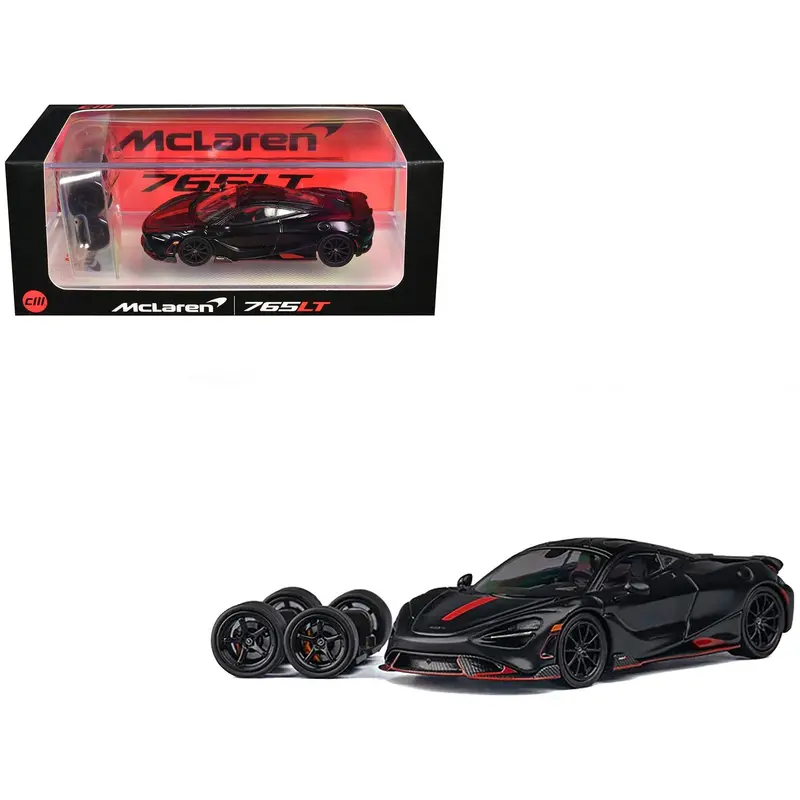 Mclaren 765Lt Matt Black With Red Accents And Extra Wheels 1/64 Diecast Model Car By Cm Model 1