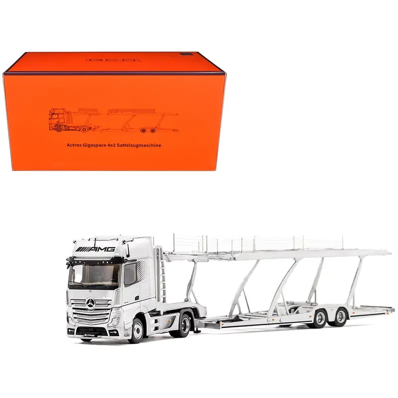 Mercedes-Benz Actros Amg Auto Transporter Silver Metallic 1/64 Diecast Model By Gcd 1