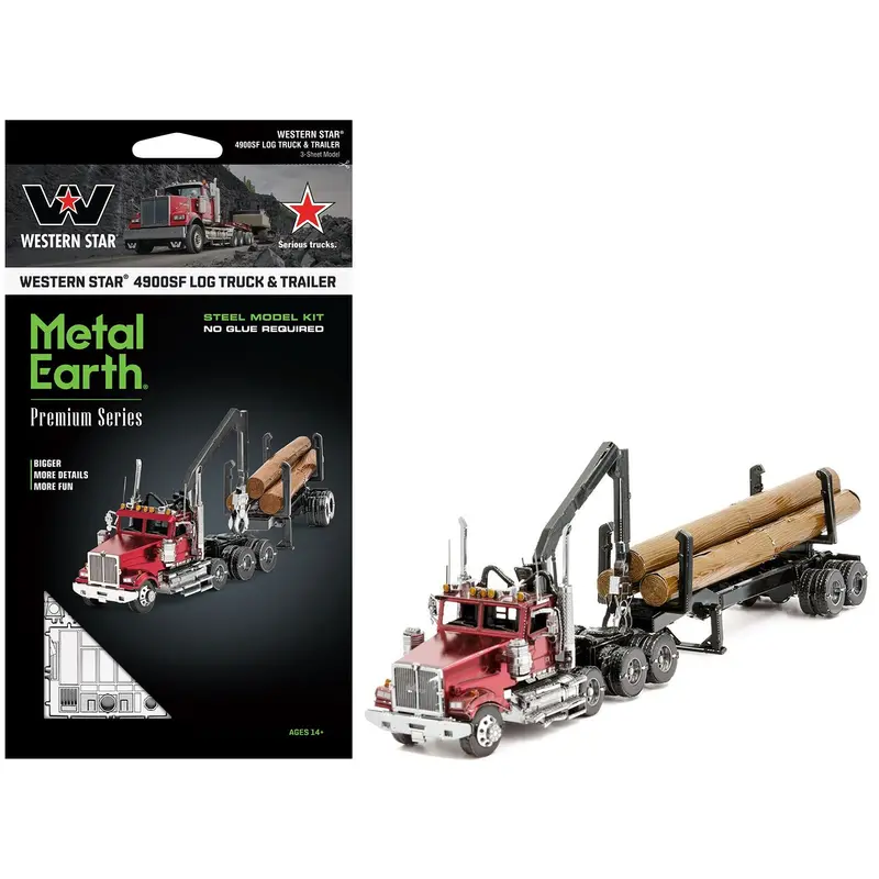 Model Kit Western Star 4900 Log Truck And Trailer Red Metallic (Challenging Difficulty) Steel Model By Metal Earth 1