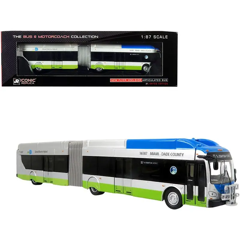 New Flyer Xcelsior Xn-60 Aerodynamic Articulated Bus #11 "Miami-Dade County" Silver And Blue With Green Stripe "The Bus & Motorcoach Collection" 1/87 (Ho) Diecast Model By Iconic Replicas 1