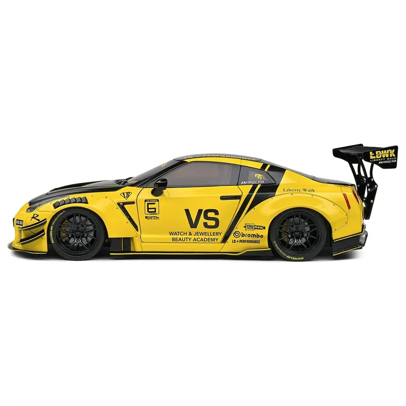 Nissan Skyline Gt-R (R35) Liberty Walk Body Kit 2.0 Rhd (Right Hand Drive) Yellow With Black Hood And Top 1/18 Diecast Model Car By Solido 1
