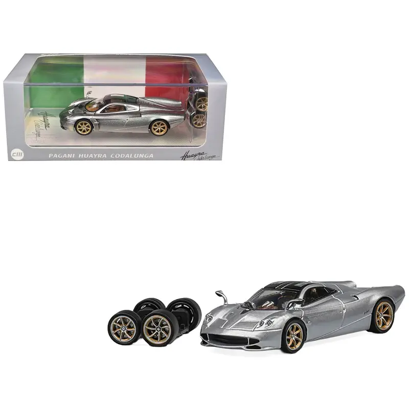 Pagani Huayra Codalunga Silver Metallic With Sunroof And Extra Wheels 1/64 Diecast Model Car By Cm Model 1