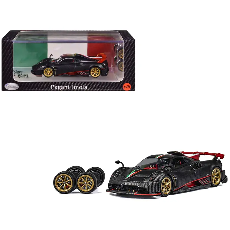 Pagani Imola Black Carbon With Italian Flag Stripes With Extra Wheels 1/64 Diecast Model Car By Cm Model 1