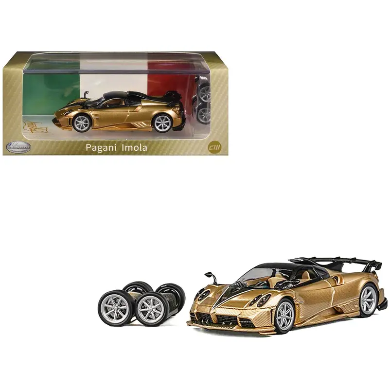 Pagani Imola Gold Carbon Metallic With Black Carbon Top With Extra Wheels 1/64 Diecast Model Car By Cm Model 1