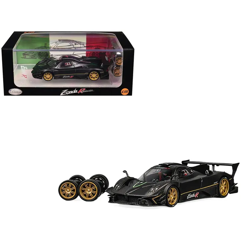 Pagani Zonda Revolucion Black Carbon With Extra Wheels 1/64 Diecast Model Car By Cm Model 1