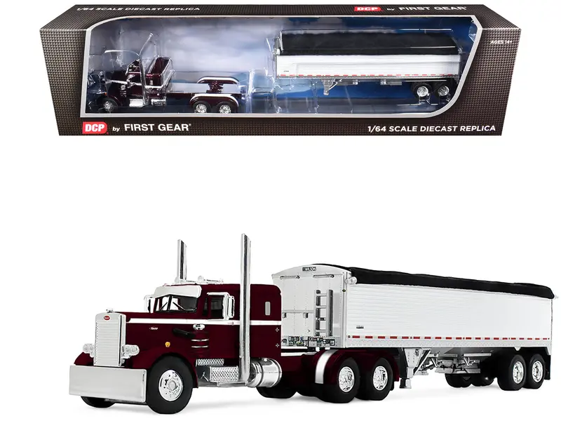 Peterbilt 351 With 36" Sleeper And 34' Wilson Pacesetter Grain Trailer Dark Cherry With White Stripes 1/64 Diecast Model By Dcp/First Gear 1