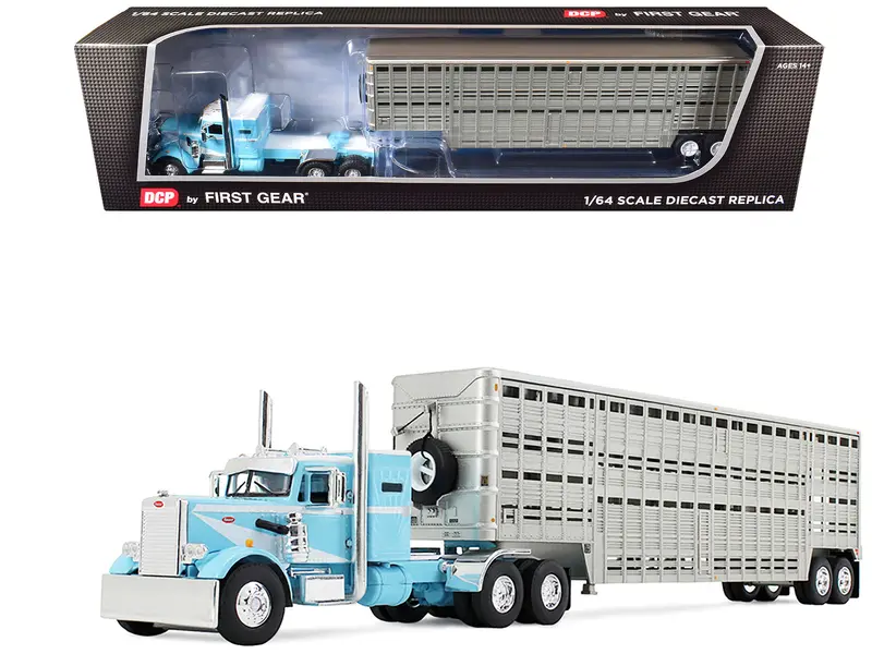 Peterbilt 351 With 36" Vintage Sleeper And 45' Wilson Vintage Livestock Trailer Light Blue With White Stripes 1/64 Diecast Model By Dcp/First Gear 1