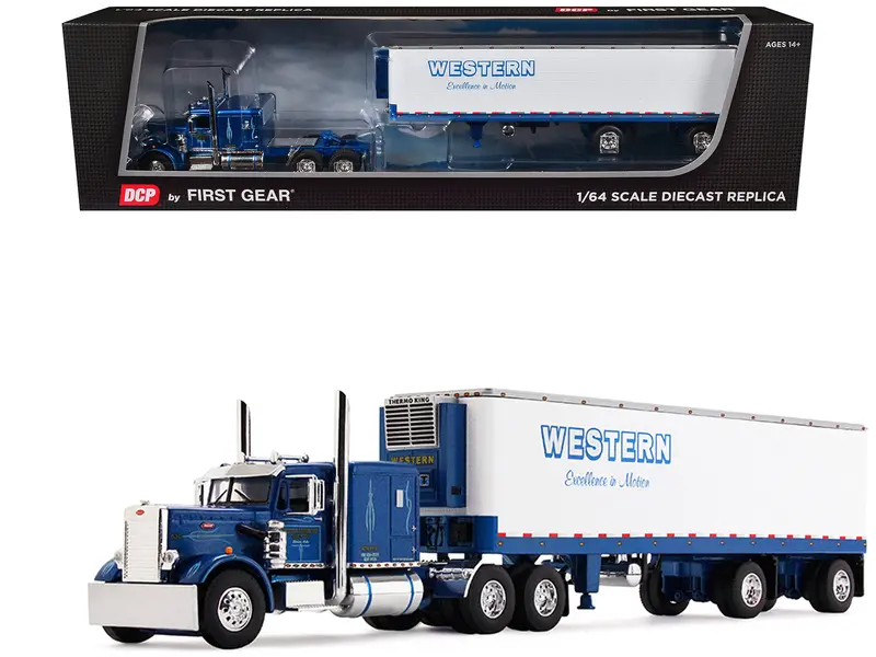 Peterbilt 351 With 63" Flat Top Sleeper And 40' Vintage Trailer With Reefer "Western Distributing" Blue Metallic And White 1/64 Diecast Model By Dcp/First Gear 1