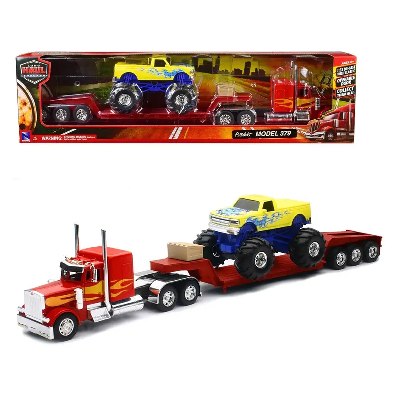 Peterbilt 379 Truck With Lowboy Trailer Red With Orange Flames And Monster Truck Yellow With Blue Flames "Long Haul Truckers" Series 1/32 Diecast Model By New Ray 1