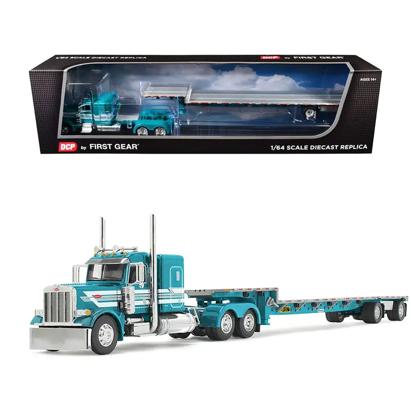 Peterbilt 379 With 48" Flat Top Sleeper And Transcraft Step Deck Trailer Teal With White Stripes 1/64 Diecast Model By Dcp/First Gear 1