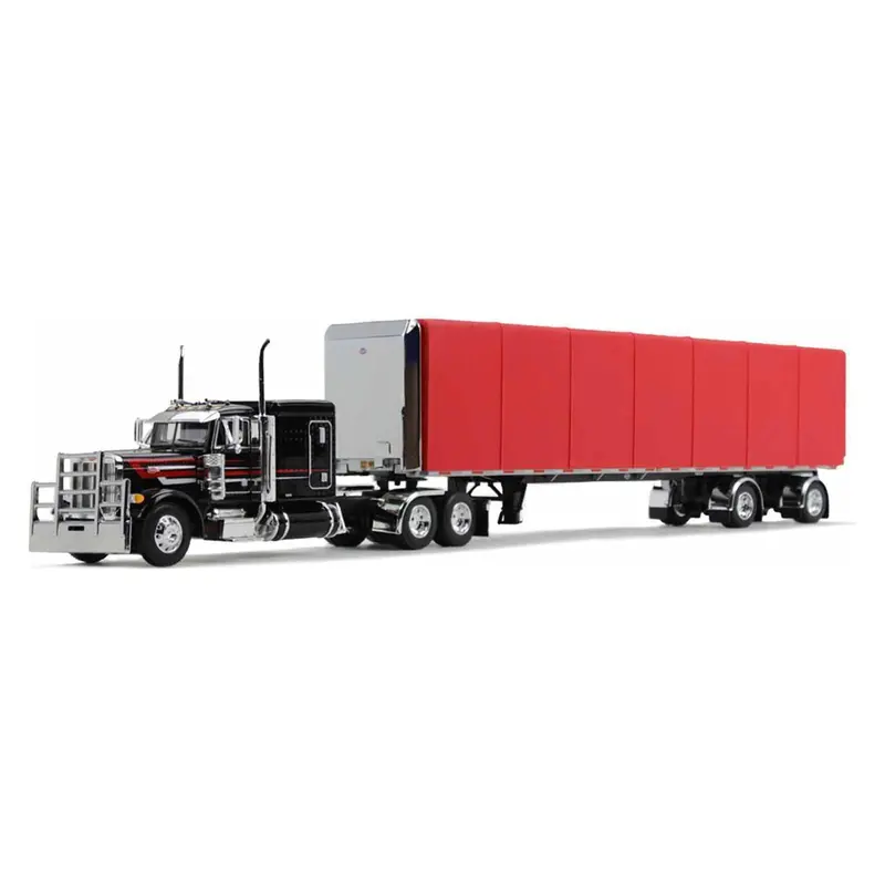 Peterbilt 379 With 63" Flat Top Sleeper And 53' Utility Roll Tarp Spread-Axle Trailer Black And Red 1/64 Diecast Model By Dcp/First Gear60-1612 1