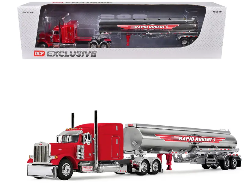 Peterbilt 379 With 63" Mid-Roof Sleeper And Heil Fuel Tank Trailer "Rapid Roberts" Red 1/64 Diecast Model By Dcp/First Gear 1