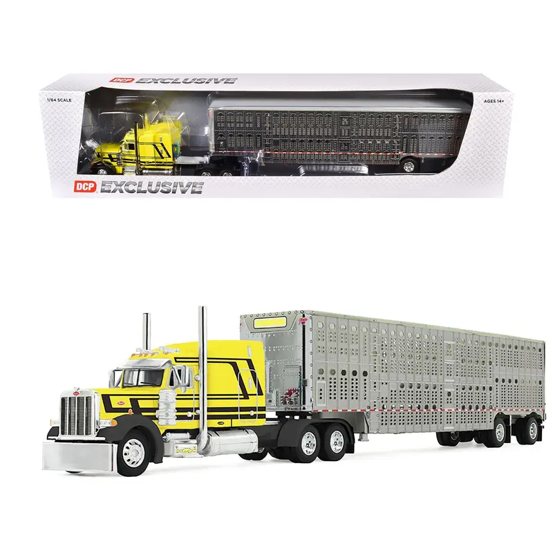 Peterbilt 379 With 63" Mid-Roof Sleeper And Wilson Silverstar Livestock Trailer "Harrison Trucking" Yellow With Black Stripes 1/64 Diecast Model By Dcp/First Gear 1