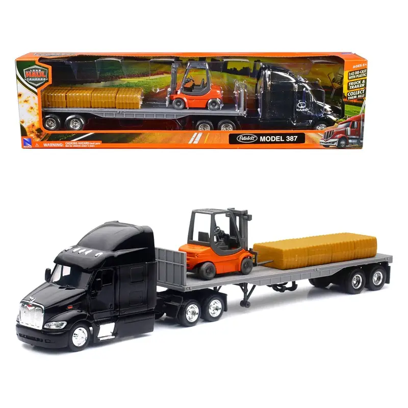 Peterbilt 387 Truck With Flatbed Trailer Black With Forklift And Hay Bales "Long Haul Trucker" Series 1/43 Diecast Model By New Ray 1