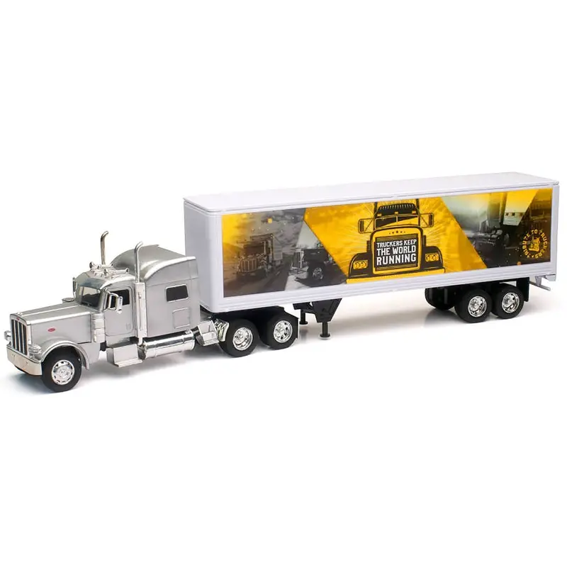 Peterbilt 389 Truck Silver Metallic With Dry Van Trailer "Trucker Keep The World Running" "Long Haul Truckers" Series 1/32 Diecast Model By New Ray 1