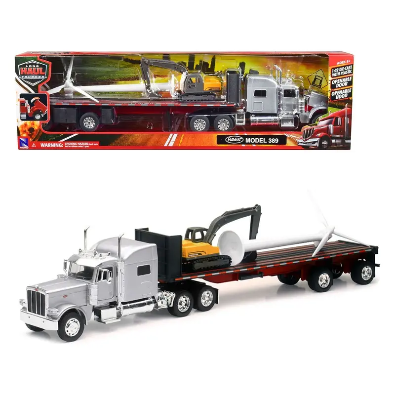 Peterbilt 389 Truck With Flatbed Trailer Silver Metallic With Excavator And Wind Turbine "Long Haul Truckers" Series 1/32 Diecast Model By New Ray 1