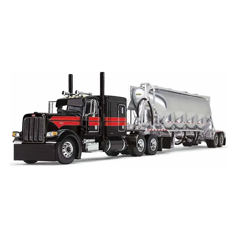 Peterbilt 389 With 63" Flat Top Sleeper And J&L Pneumatic Tank Trailer Black With Red Stripes 1/64 Diecast Model By Dcp/First Gear 1