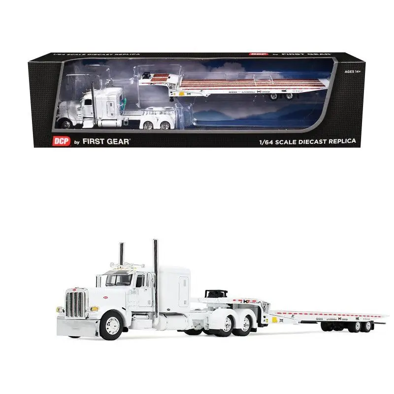 Peterbilt 389 With 63" Flat Top Sleeper And Landoll 440B50ca Traveling Axle Trailer White 1/64 Diecast Model By Dcp/First Gear 1