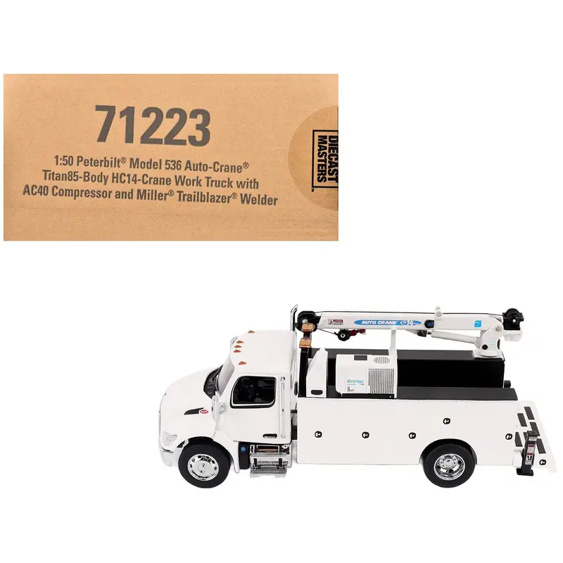Peterbilt 536 Auto-Crane Titan 85-Body Hc14-Crane Work Truck With Miller Enpak White "Transport Series" 1/50 Diecast Model By Diecast Masters 1