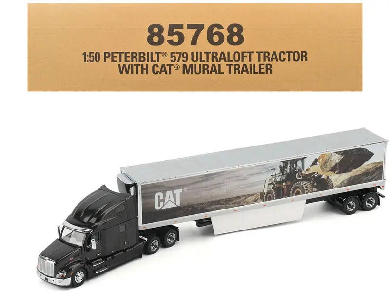 Peterbilt 579 Ultraloft Truck Tractor Black Metallic With "Cat Caterpillar" Mural Trailer "Transport Series" 1/50 Diecast Model By Diecast Masters 1