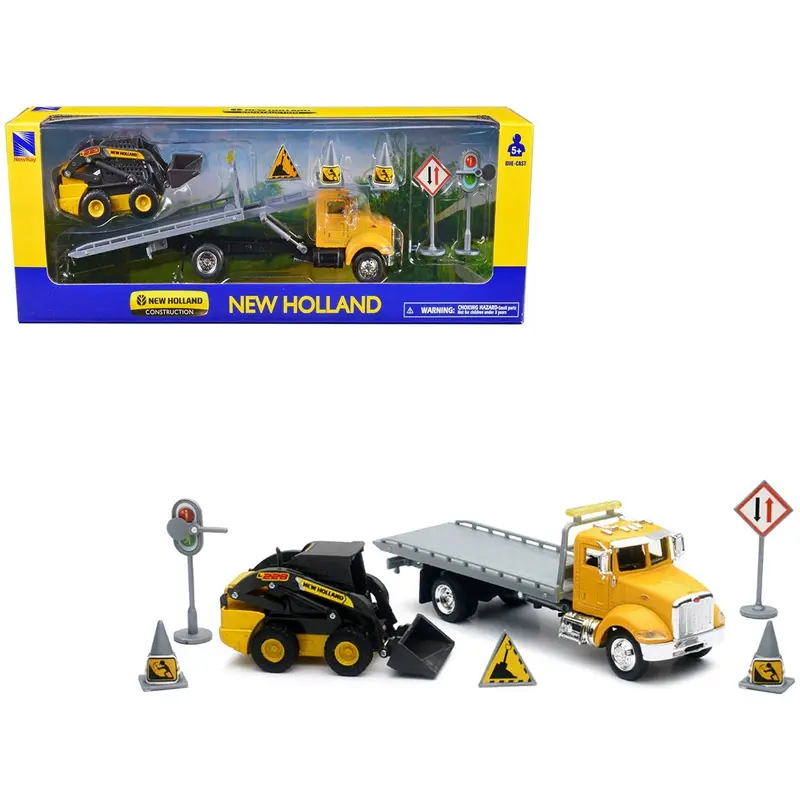 Peterbilt Roll-Off Flatbed Truck Yellow And New Holland L228 Skid Steer Yellow With Road Signs "New Holland Construction" Series 1/43 Diecast Model By New Ray 1